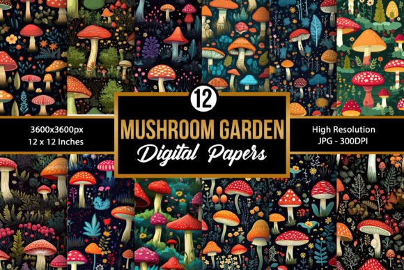 Mushroom Garden Digital Paper Patterns