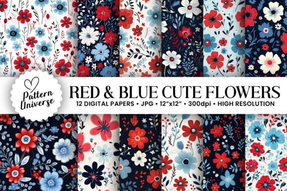 Red Blue White Cute Flowers Patterns