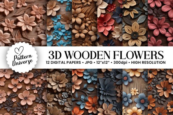 Wooden 3D Flowers Seamless Patterns: A Versatile Resource for Creative Projects